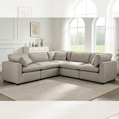 Sectional Modular Sofa with Feather Blend Seat Cushion and Pillows, Gray Fabric
