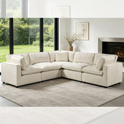 Sectional Modular Sofa with Feather Blend Seat Cushion and Pillows, Beige Fabric