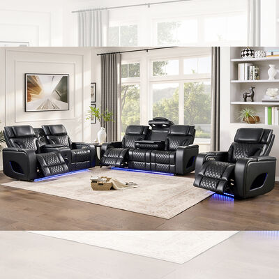 Power Recliner Sofa set with Power Headrests and Dropdown Table and Speaker and Storage and LED Light, Massage Function, Black Leatherette