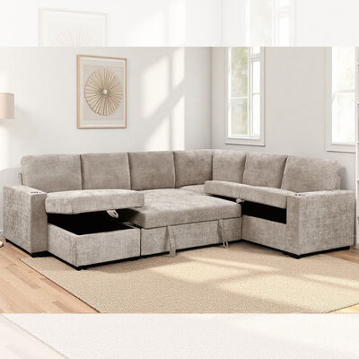 U-Shaped Sectional Sleeper Sofa with Pull Out Bed and Storage Chaise Lounge and Storage Sofa and Cup holders, Taupe Fabric