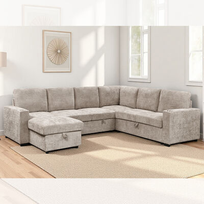 U-Shaped Sectional Sleeper Sofa with Pull Out Bed and Storage Chaise Lounge and Storage Sofa and Cup holders, Taupe Fabric