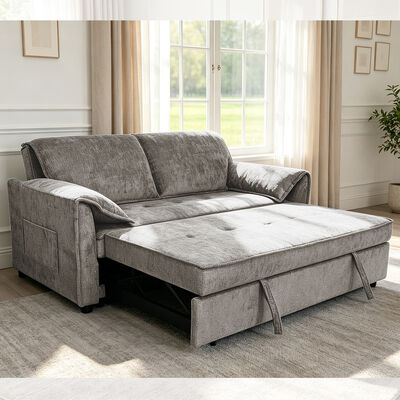 Futon Sofa Bed, Convertible Sleeper Sofa Bed, Comfortable Pull-Out Bed with Adjustable Backrest, Arm with Hidden Stainless Steel Cup Holders, Blue Fabric
