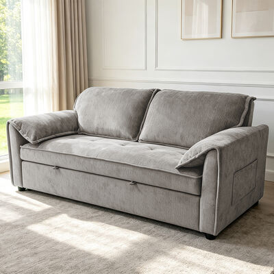Futon Sofa Bed, Convertible Sleeper Sofa Bed, Comfortable Pull-Out Bed with Adjustable Backrest, Arm with Hidden Stainless Steel Cup Holders, Blue Fabric