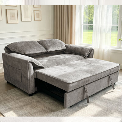 Futon Sofa Bed, Convertible Sleeper Sofa Bed, Comfortable Pull-Out Bed with Adjustable Backrest, Arm with Hidden Stainless Steel Cup Holders, Blue Fabric