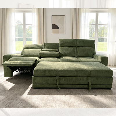Big Sectional Sleeper Sofa with Pull-Out Bed and Dropdown Table and Power Recliner Chair, Green Fabric