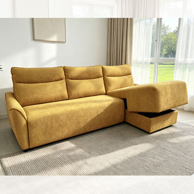 L-Shaped Sectional Sleeper Sofa with Pull-Out Bed and Storage, Mustard Yellow Fabric