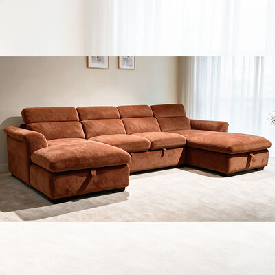 U-Shaped Sectional Sleeper Sofa with Pull-Out Bed and Storage and Adjustable Headrest, Brick Red Fabric