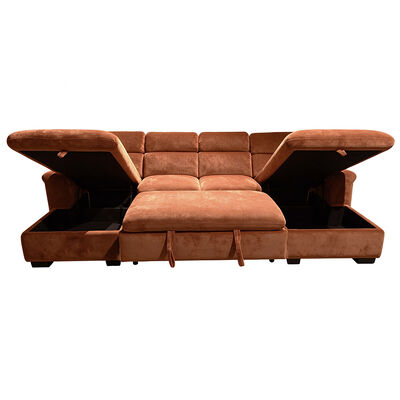 U-Shaped Sectional Sleeper Sofa with Pull-Out Bed and Storage and Adjustable Headrest, Brick Red Fabric