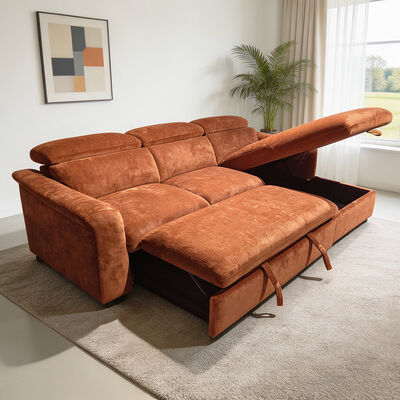 L-Shaped Sectional Sleeper Sofa with Pull-Out Bed and Storage and Adjustable Headrest, Brick Red Fabric