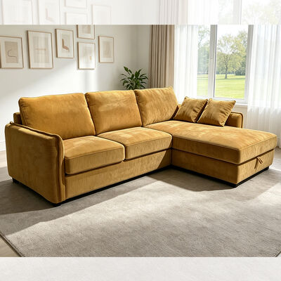 L-Shaped Sectional Sleeper Sofa with Pull-Out Bed and Storage, Mustard Yellow Fabric