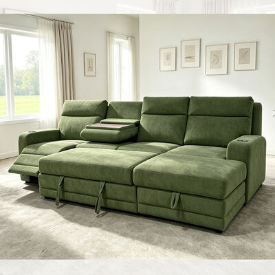 Big Sectional Sleeper Sofa with Pull-Out Bed and Dropdown Table and Power Recliner Chair, Green Fabric