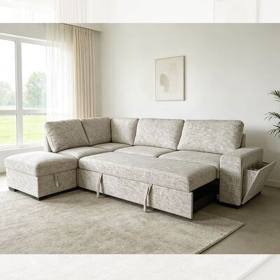 L-Shaped Sectional Sleeper Sofa with Pull-Out Bed and Storage and Cup holder, Beige Fabric