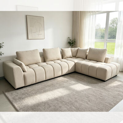 L-Shaped Sectional Sofa with Pillows, Beige Fabric