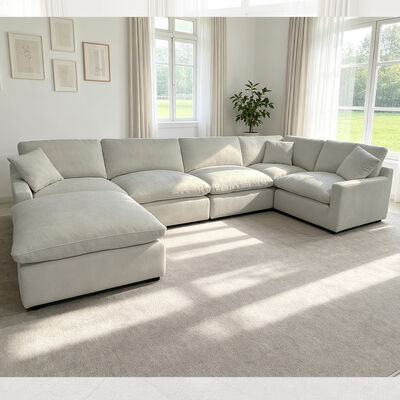 Sectional Modular Sofa with Feather Blend Seat Cushion and Pillows, Light Gray Fabric