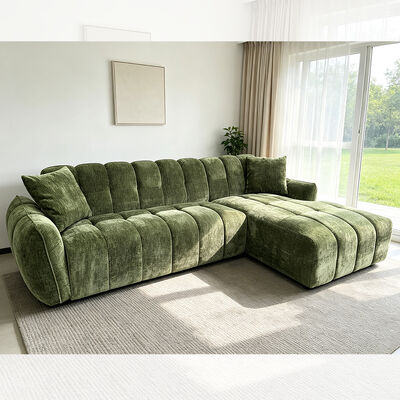 L-Shaped Sectional Sofa with Pillows, Green Fabric