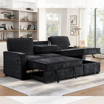 L-Shaped Reversible Sectional Sleeper Sofa with Pull-Out Bed and Dropdown Table and Storage, Charcoal Black Chenille