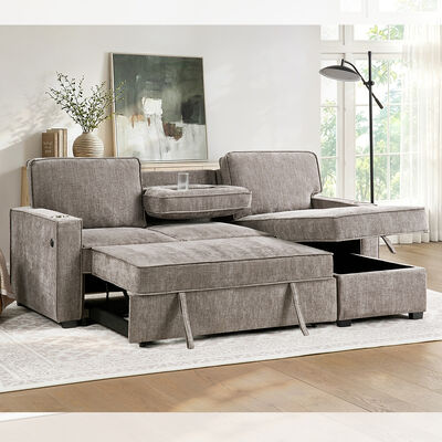 L-Shaped Reversible Sectional Sleeper Sofa with Pull-Out Bed and Dropdown Table and Storage, Light Brown Gray Chenille