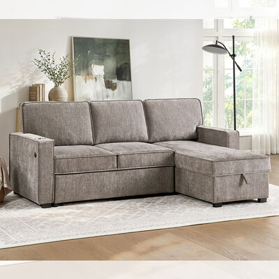 L-Shaped Reversible Sectional Sleeper Sofa with Pull-Out Bed and Dropdown Table and Storage, Light Brown Gray Chenille