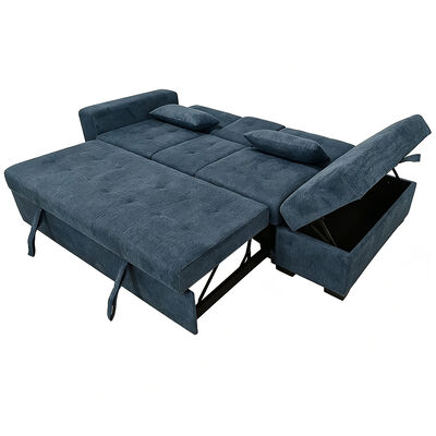 Queen Size Convertible Sleeper Sofa Bed, Comfortable Pull-Out Bed with Adjustable Backrest, Storage Arm and Ottoman, Navy fabric