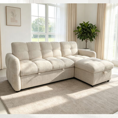L-Shaped Sectional Sleeper Sofa with Pull-Out Bed and Adjustable Backrest and Storage Chaise, Sand Fabric