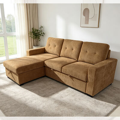L-Shaped Reversible Sectional Sleeper Sofa with Pull-Out Bed and Storage, Earthy Yellow Fabric