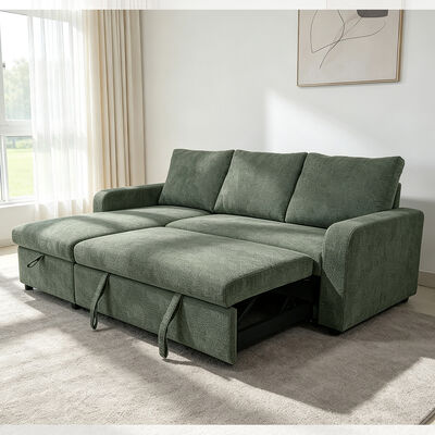 L-Shaped Reversible Sectional Sleeper Sofa with Pull-Out Bed and Storage, Green Fabric