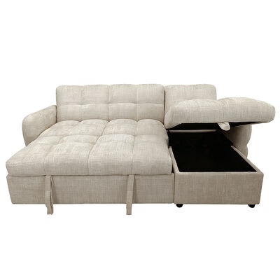 L-Shaped Sectional Sleeper Sofa with Pull-Out Bed and Adjustable Backrest and Storage Chaise, Sand Fabric