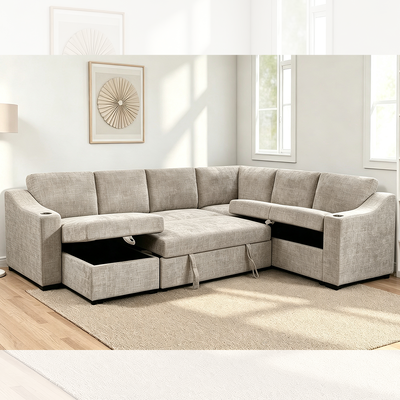 U-Shaped Sectional Sleeper Sofa with Pull Out Bed and Storage Chaise Lounge and Storage Sofa and Cup holders, Taupe Fabric