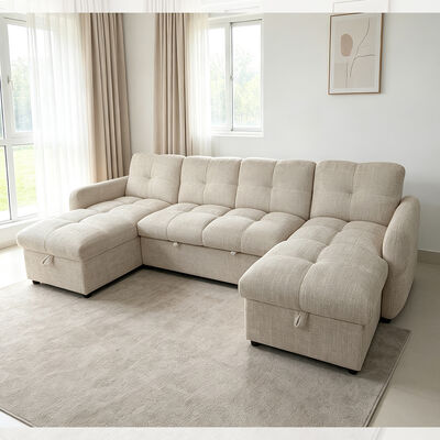 U-Shaped Sectional Sleeper Sofa with Pull-Out Bed and Adjustable Backrest and Storage Chaise, Sand Fabric