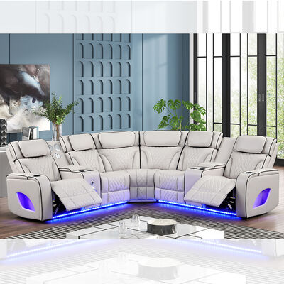 Power Recliner Corner Sofa with 2 Power Recliner Seats and Power Headrests and Speaker and Storage and LED Light, Massage Function, Beige Leatherette