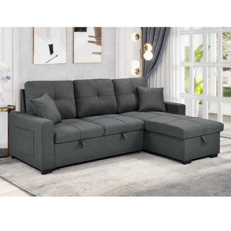 L-Shaped Reversible Sectional Sleeper Sofa with Pull-Out Bed and Storage, Neutral Gray Fabric