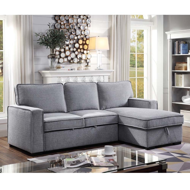 L-Shaped Reversible Sectional Sleeper Sofa with Pull-Out Bed and Storage, Gray Chenille