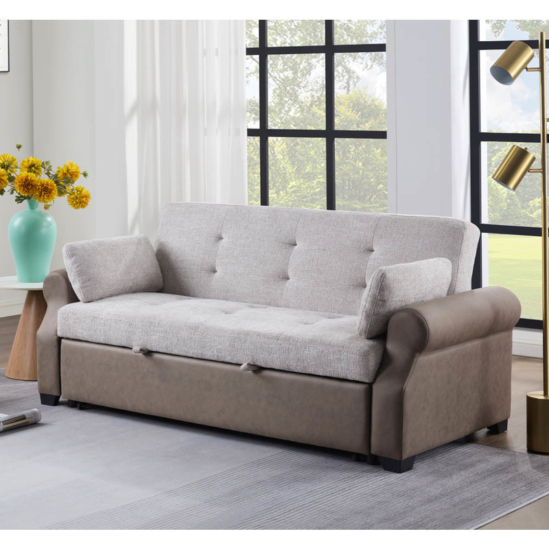 Queen Size Convertible Sleeper Sofa Bed, Comfortable Pull-Out Bed with Adjustable Backrest, Futon Sofa Bed, Gray Fabric and Dark Brown Fabric