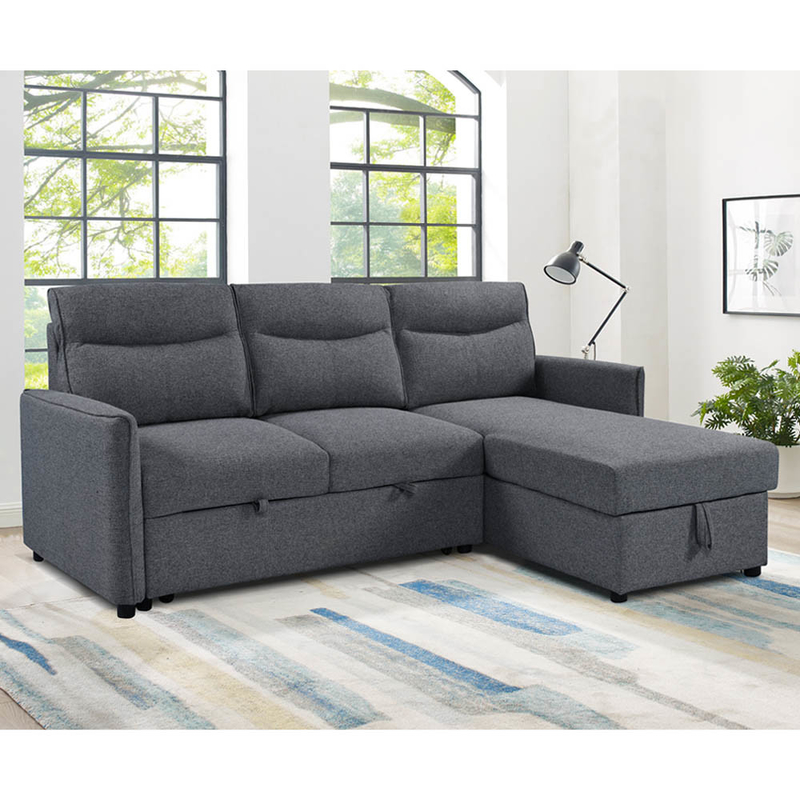 L-Shaped Reversible Sectional Sleeper Sofa with Pull-Out Bed and Storage, Neutral Gray Fabric
