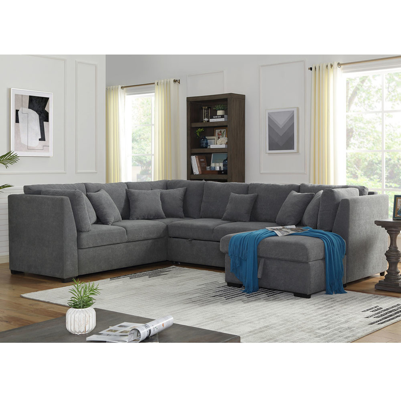 U-Shaped Sectional Sleeper Sofa with Pull Out Bed and Storage Chaise Lounge, Gray Linen Fabric