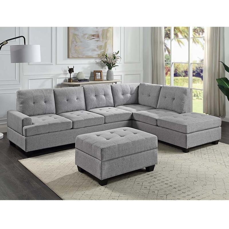 L Shaped Sectional Sofa with Dropdown Table and Reversible Chaise and Storage Ottoman, Gray Linen