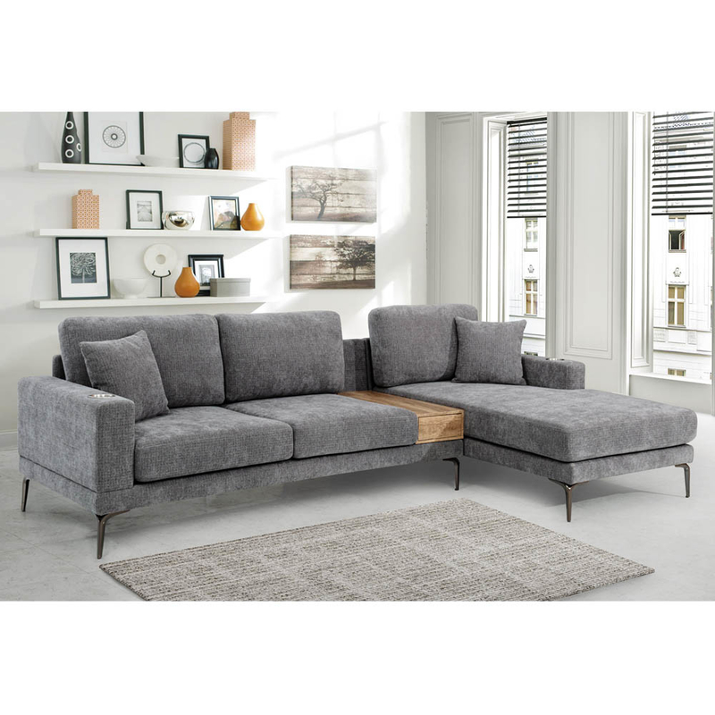 L-Shaped Sectional Sofa with Drawer and 2 Pillows and Stainless Steel Cup Holders, Gray Chenille