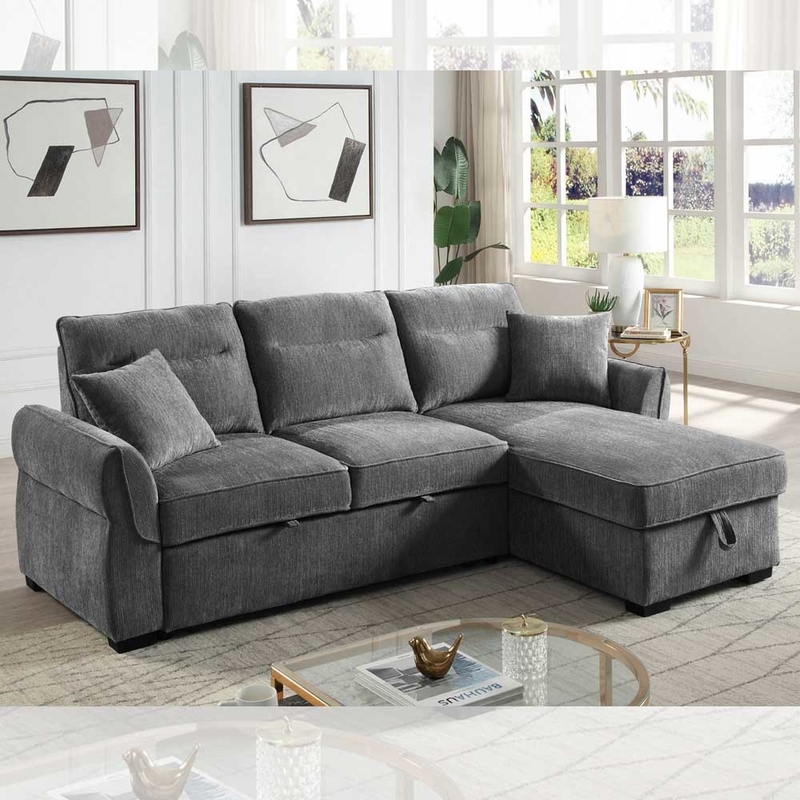 L-Shaped Reversible Sectional Sleeper Sofa with Pull-Out Bed and Storage, Dark Gray Chenille