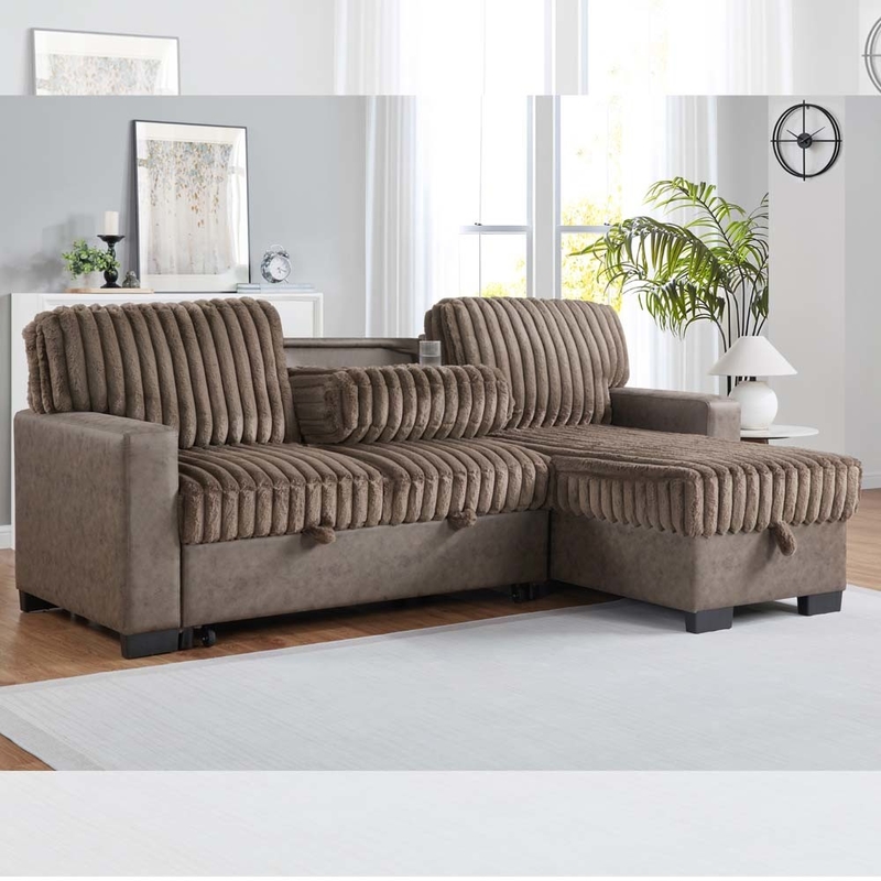 L-Shaped Reversible Sectional Sleeper Sofa with Pull-Out Bed and Dropdown Table and Storage, Brown &amp; Dark Brown Fabric