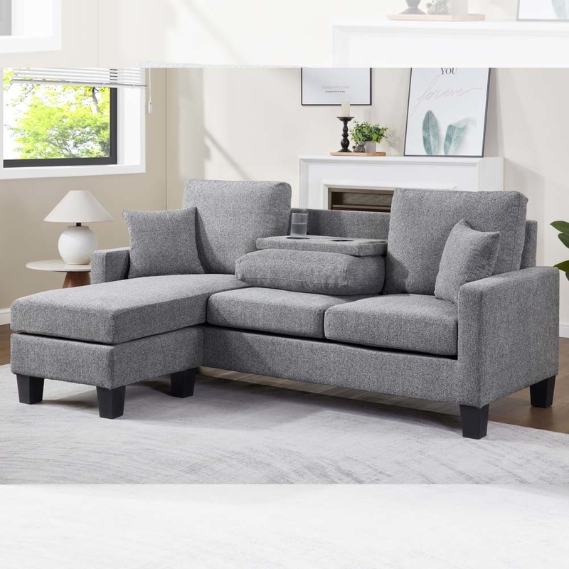 L Shaped Sectional Sofa with Dropdown Table and Reversible Chaise and 2 Pillows, Gray Chenille