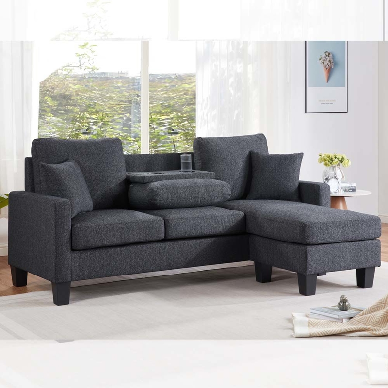 L Shaped Sectional Sofa with Dropdown Table and Reversible Chaise and 2 Pillows, Dark Gray Chenille
