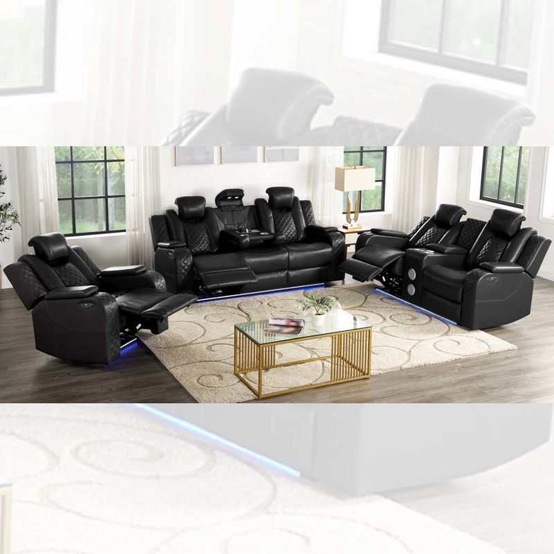Power Recliner Sofa set with Power Recliner Seats and Power Headrests and Dropdown Table and Bluetooth Audio Speaker and Storage Box and Storage Arms and LED Light, Black Breathable Leatherette