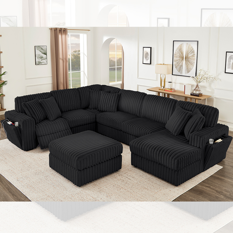 Recliner Sofa set with Hidden Cup Holder and Wireless Charger, Black Corduroy Fabric