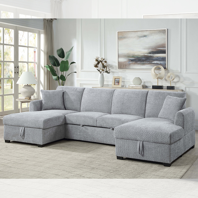U-Shaped Sectional Sleeper Sofa with Pull Out Bed and Storage Chaise, Gray Sherpa Fabric