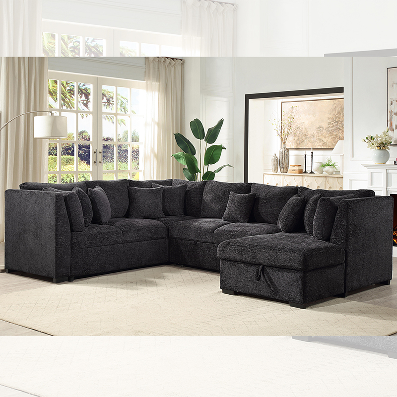 U-Shaped Sectional Sleeper Sofa with Pull Out Bed and Storage Chaise Lounge, Black Fabric