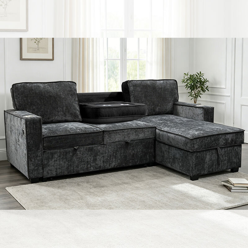 L-Shaped Reversible Sectional Sleeper Sofa with Pull-Out Bed and Dropdown Table and Storage, Charcoal Black Chenille