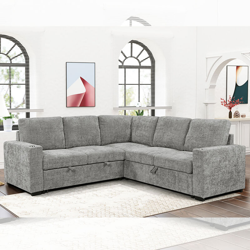 L-Shaped Sectional Sleeper Sofa with Pull Out Bed and Storage Sofa and Cup holders, Gray Fabric