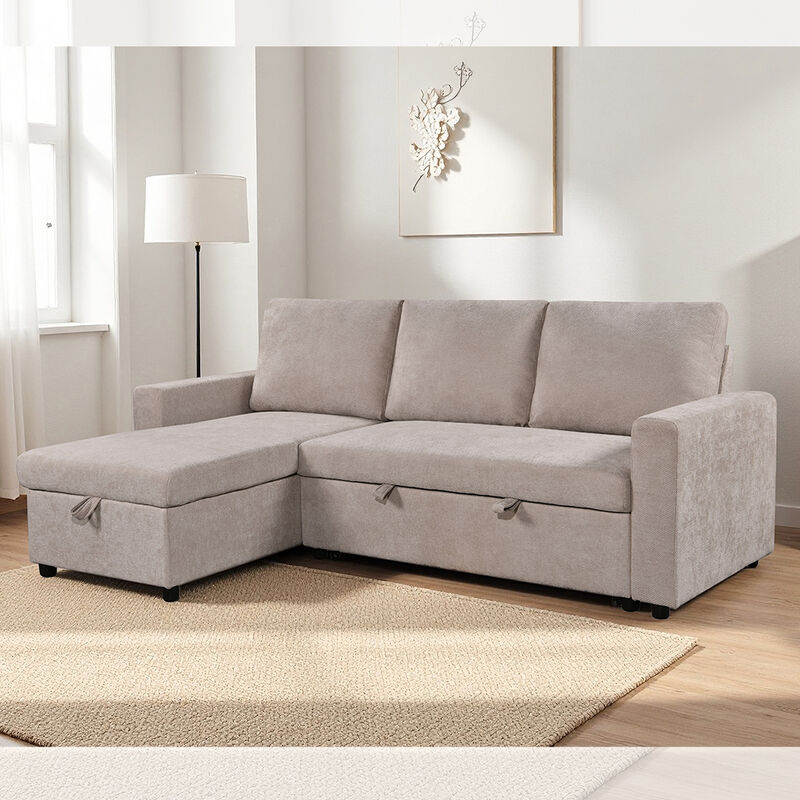 L-Shaped Reversible Sectional Sleeper Sofa with Pull-Out Bed and Storage, Beige Fabric
