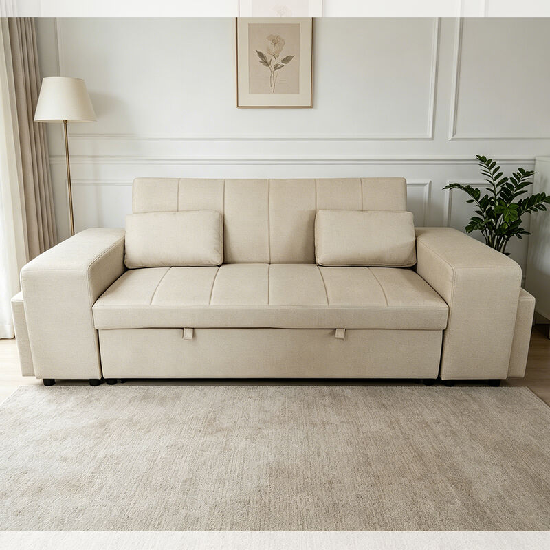 Queen Size Convertible Sleeper Sofa Bed with Adjustable Backrest, Arm with Ottomans, Beige Tech Leather