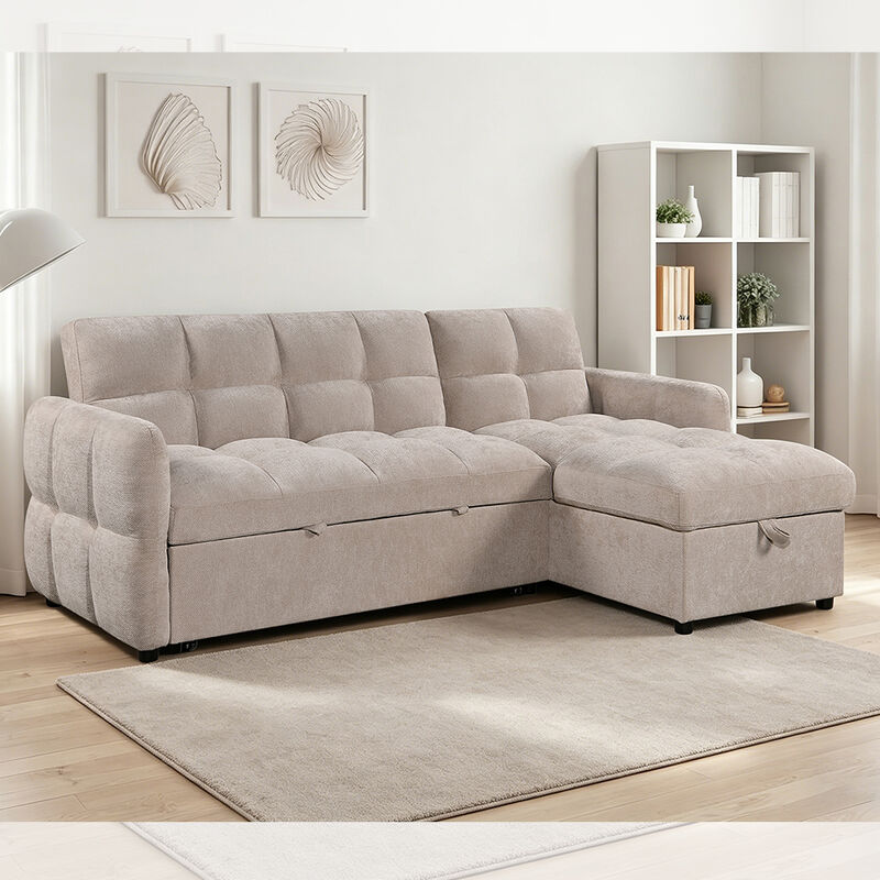 L-Shaped Sectional Sleeper Sofa with Pull-Out Bed and Adjustable Backrest and Storage Chaise, Beige Fabric